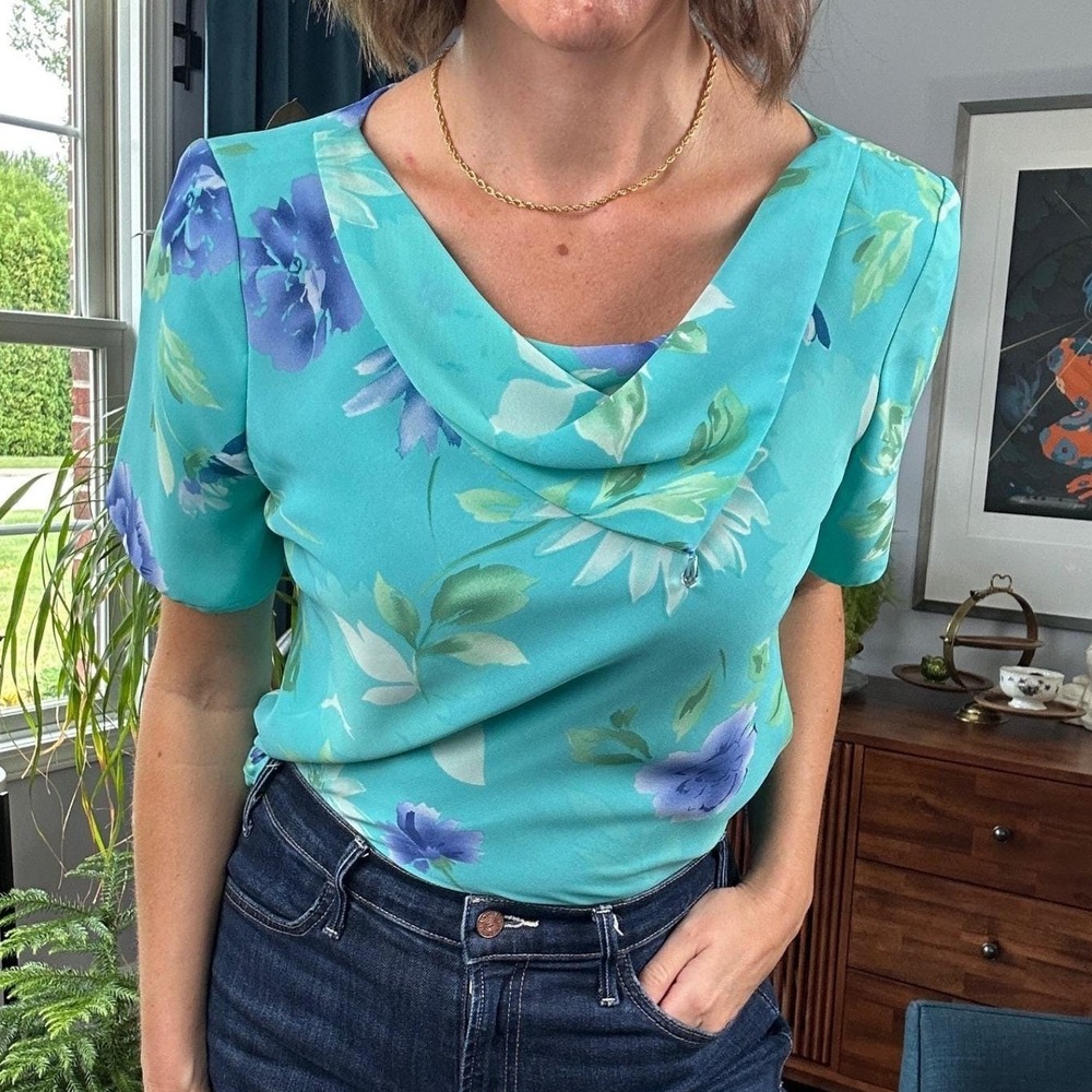 Studio I Vintage Y2K Teal Floral Cowl Neck Short Sleeve Blouse Size 8